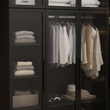 Hitow Wardrobe Cabinet with LED Lights, Armoire Closet with Glass Doors, Wooden Large Wardrobe with Hanging Rod & 5 Tiers Shelf, Modern Bedroom Armoire Clothes Organizer, Black 47.2" W Hitow