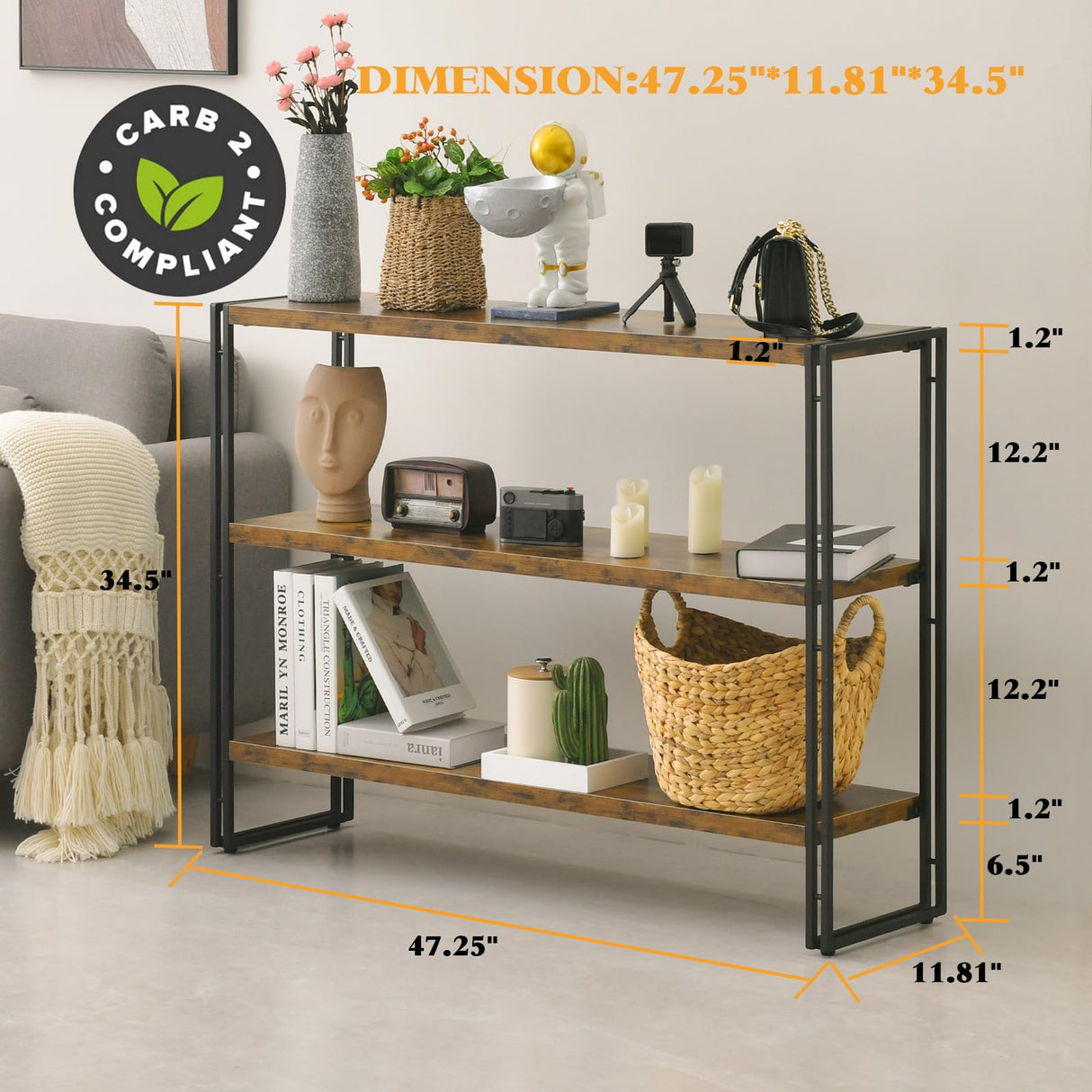 Rustic Wood and Metal 3-Tier Industrial Bookshelf – Perfect for Home Office, Bedroom, Kitchen, or Bathroom (47in) HCHQHS