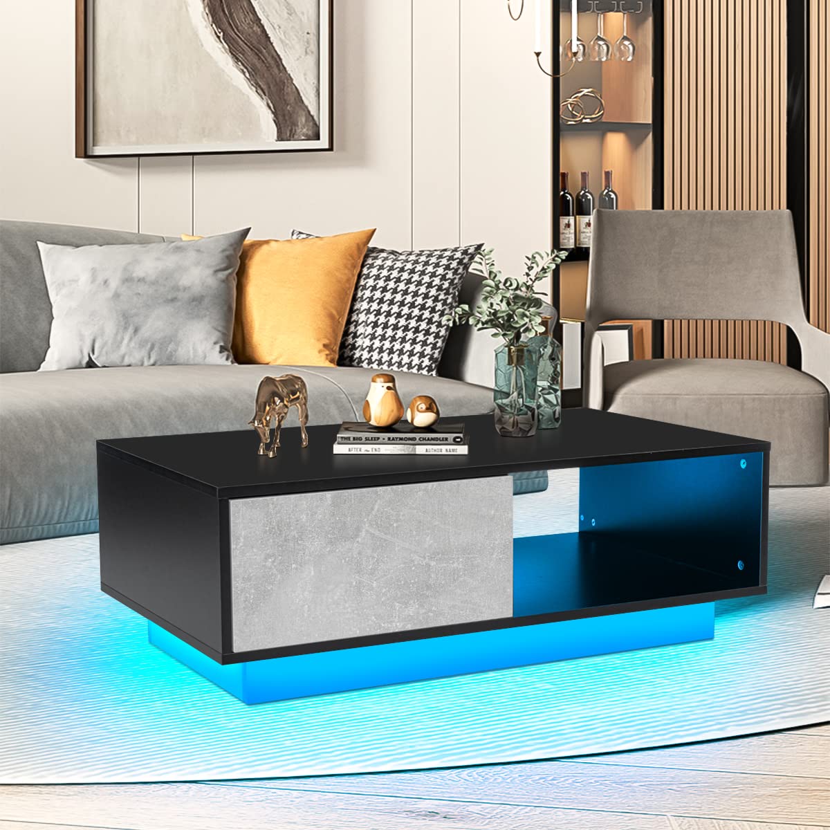 HOMMPA Led Coffee Table for Living Room Grey Black Coffee Table with LED Lights Low Profile Center Table with High Gloss Cocktail Table with Led Lights for Small Place 13" Tall HOMMPA