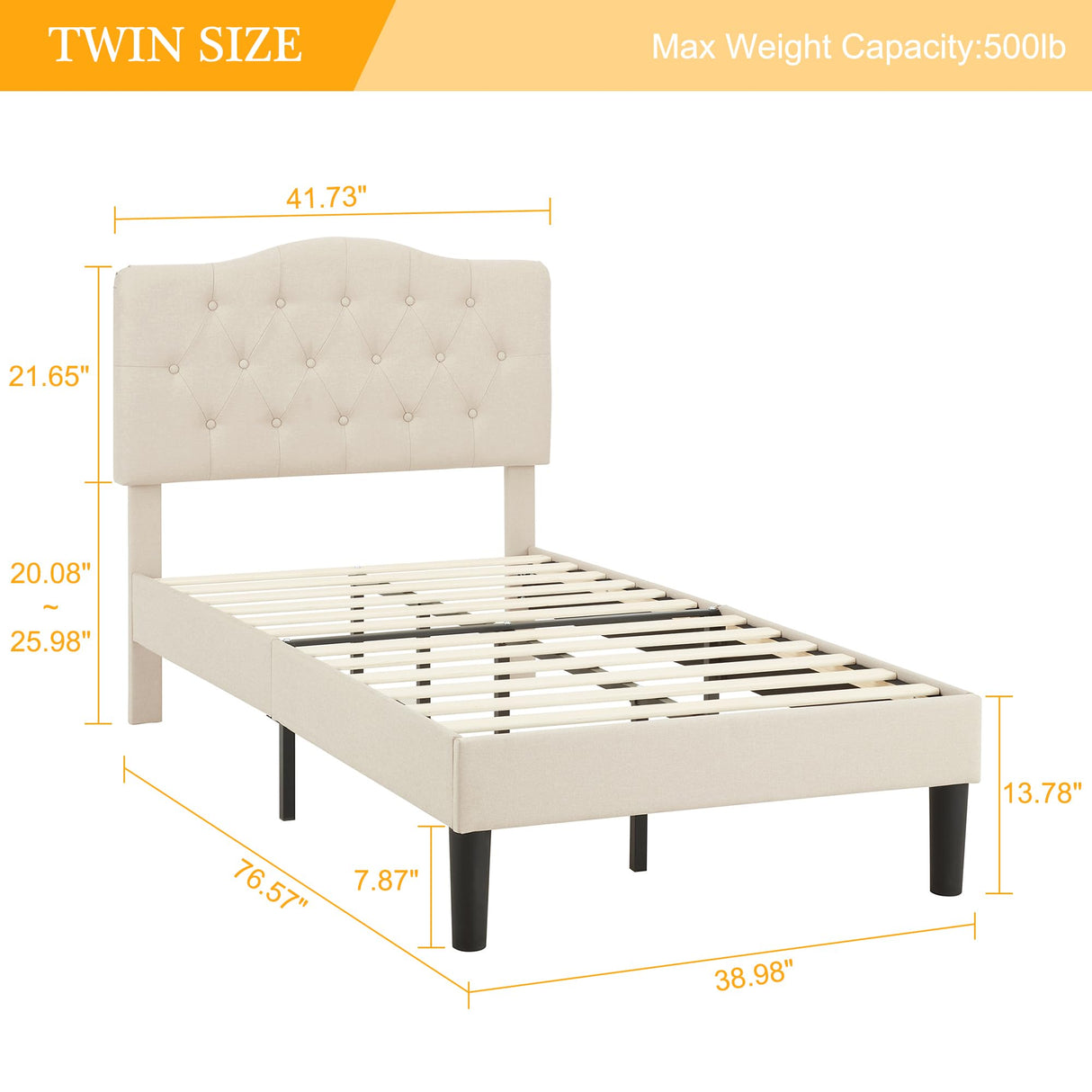 VECELO Twin Size Platform Bed Frame with Fabric Upholstered Headboard and Wooden Slats Support, No Box Spring Needed/Easy Assembly,Beige VECELO