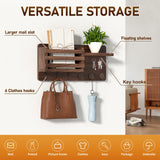 Key Holder Wall Mount, Key and Mail Holder for Wall, Wall Key Holder with Shelf and 6 Large Hooks for Bags, Coats, Umbrella, Wood Key Shelf for Entryway, 4 Small Key Hook, Wallet/Dog Leash Holder,Pine Longtor