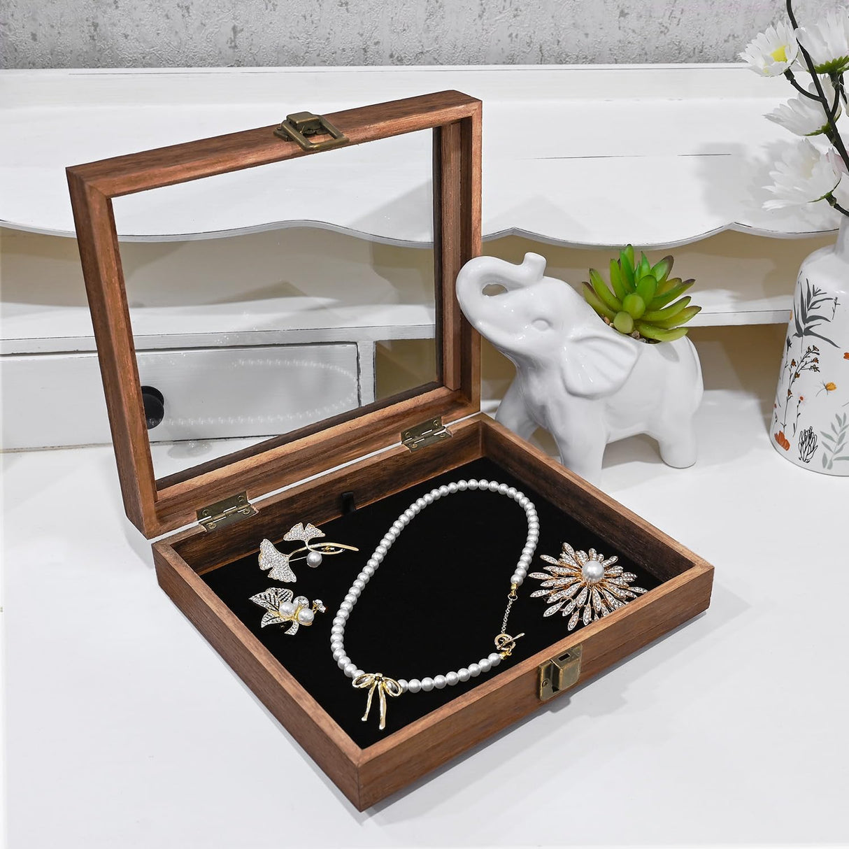 MOOCA Tempered-Glass Top Small Wooden Jewelry Display Case with Removable Black Luxurious Velvet Jewelry Display Pad, Deeper 2.2" Design for Collectibles, Brown Color. MOOCA
