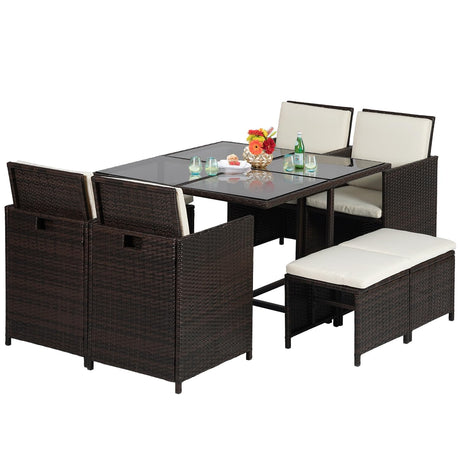 Outdoor Patio Furniture Set 9 Pieces Patio Dining Sets Space Saving Wicker Furniture with 4 Rattan Chairs 4 Ottomans and Glass Table for Outdoor Backyard Porch Poolside Balcony,Khaki Cushion PayLessHere