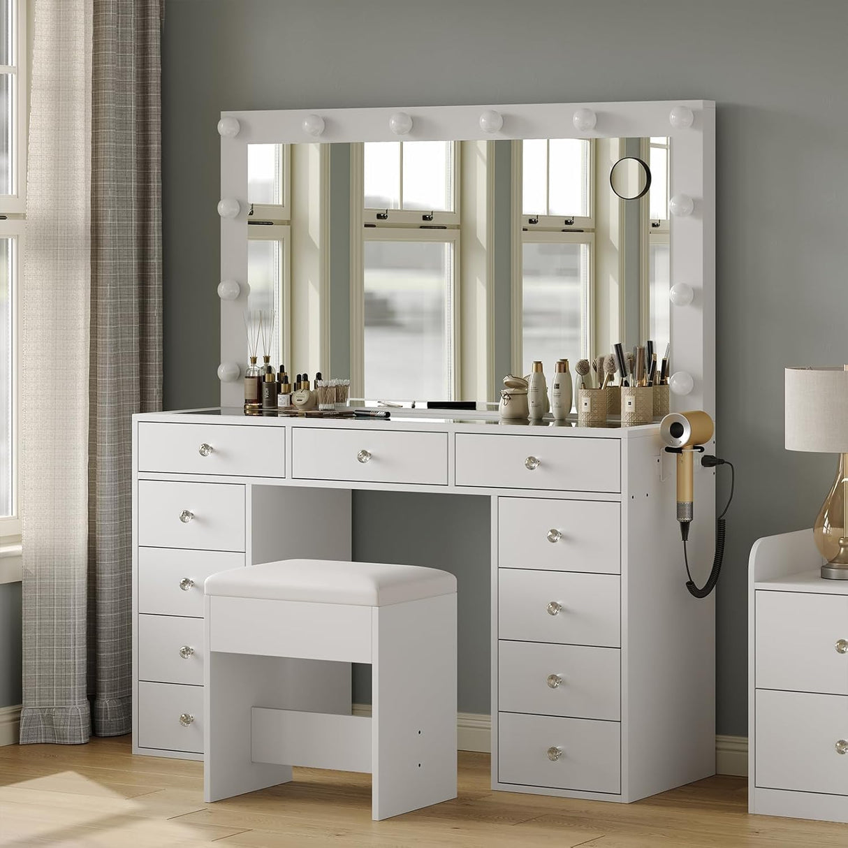 White Vanity Desk with Illuminated Mirror & Power Outlet, 11 Drawers Vanity Table with Chair, Makeup Vanity with 12 LED Lights, Tempered Glass Top, Dressing Table for Bedroom,Dressing Room CollaredEagle