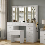 White Vanity Desk with Illuminated Mirror & Power Outlet, 11 Drawers Vanity Table with Chair, Makeup Vanity with 12 LED Lights, Tempered Glass Top, Dressing Table for Bedroom,Dressing Room CollaredEagle