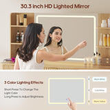 HAUOMS 51.2" Fluted Makeup Vanity Desk with Large 30.3" Mirror and Lights, 5 Drawer Vanity with Power Strip, 6 Open Shelves, 2 Cabinet，Modern Dressing Table with Solid Wood Legs for Bedroom, Oak HAUOMS