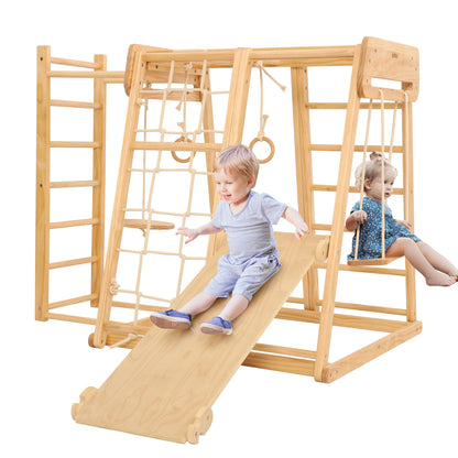 Belleur 8 in 1 Large Indoor Jungle Gym, Wooden Montessori Indoor Playground for Kids with Slide, Climbing Wall/Net, Rope Ladder, Monkey Bars, Swing, Hanging Ring, Climbing Toy for Toddler 2-8 Inside