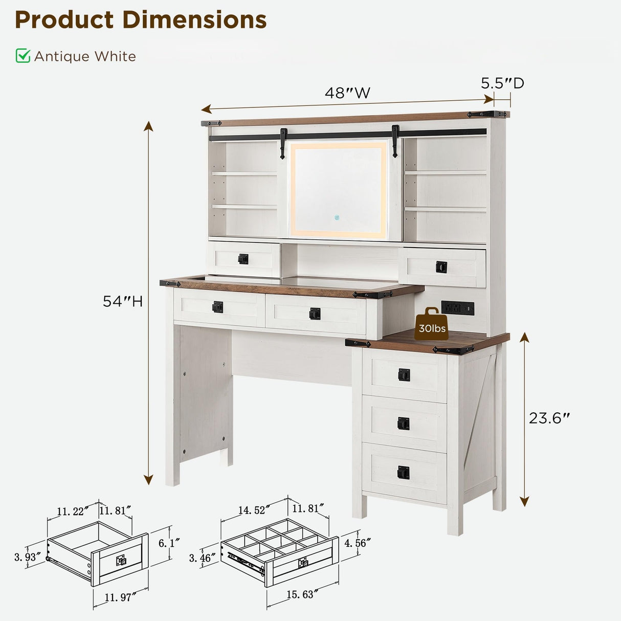 RedLemon 48'' Farmhouse Makeup Vanity Desk with Led Lighte Mirror,Modern Vanity Table with 7 Drawers & Charging Station, Glass Top Dressing Table for Bedroom (Antique White) RedLemon