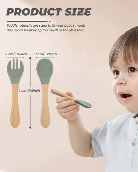10 pcs Baby Spoons and Forks, First Stage Baby Led Weaning Spoons, Chewable Baby Utensils for Self-Feeding, Bamboo and Silicone Baby Utensils, Kids Utensils for Over 6 Months Babies DF DUALFERV