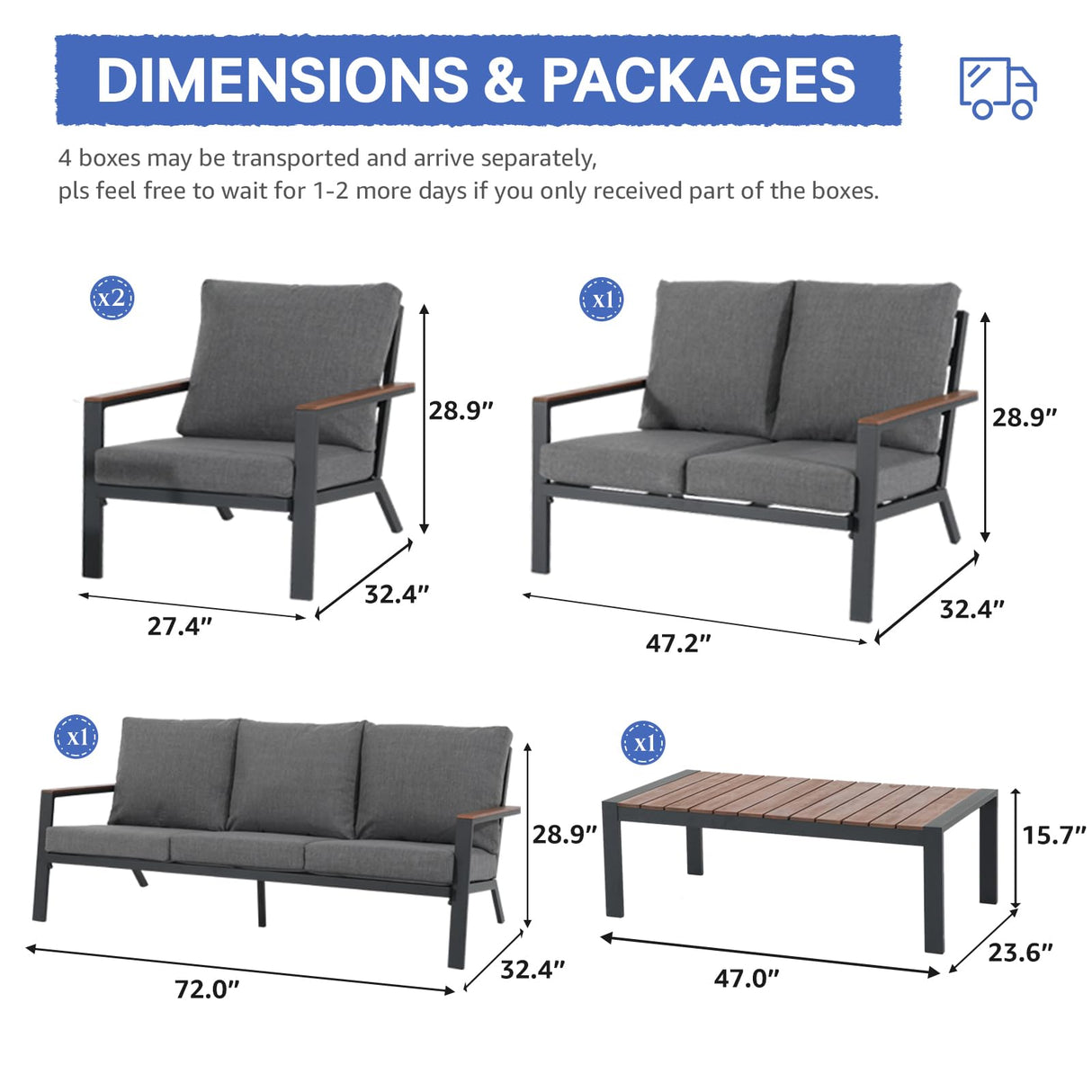 Soleil Jardin Aluminum Patio Furniture Set with FSC Certified Solid Wood Top Armrest & Coffee Table, Outdoor Deep Seating Sectional Sofa, 5 Piece Conversation Sets w/Removable Cushion, Dark Grey Soleil Jardin