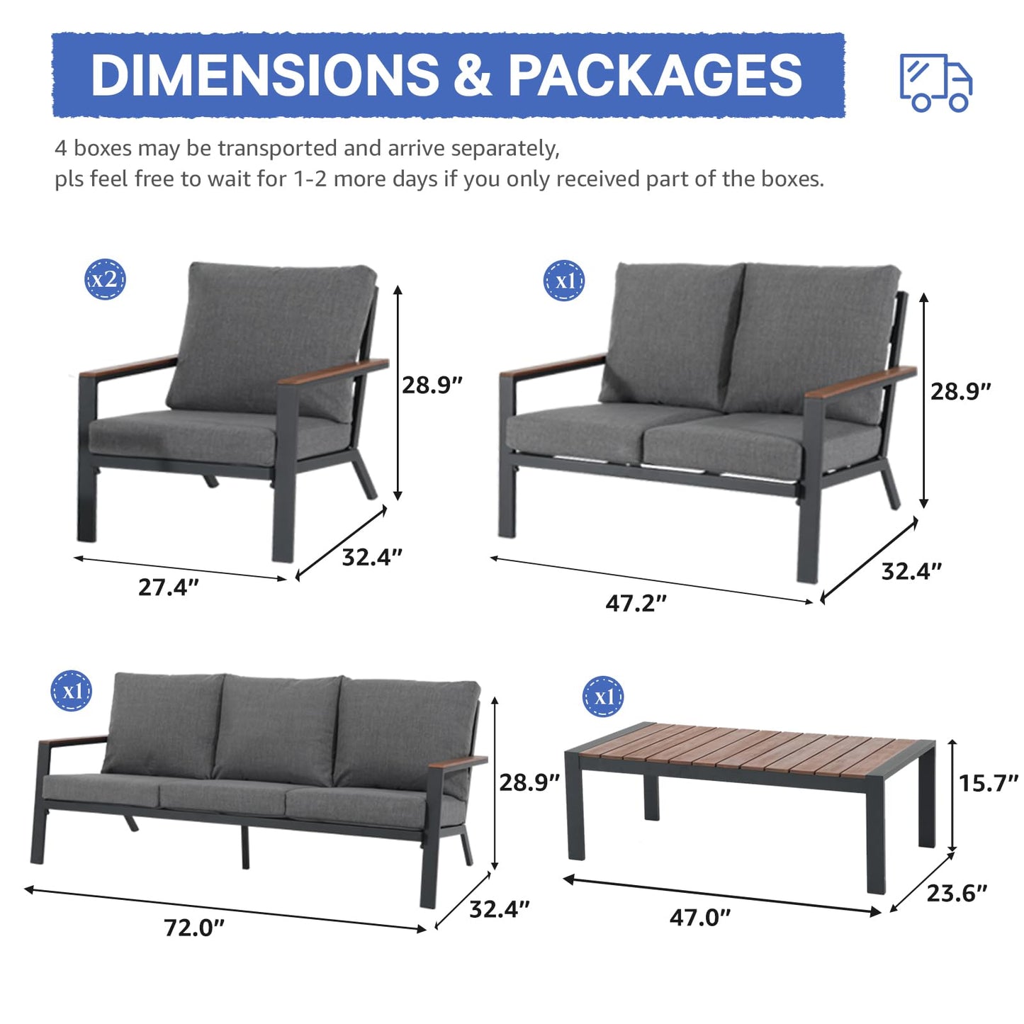 Soleil Jardin Aluminum Patio Furniture Set with FSC Certified Solid Wood Top Armrest & Coffee Table, Outdoor Deep Seating Sectional Sofa, 5 Piece Conversation Sets w/Removable Cushion, Dark G - WoodArtSupply