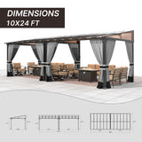 Gotland 10FTx24FT Outdoor Wall-Mounted Hardtop Pergola, Metal Frame Gazebo with Sloping Sun Panel Roof and Double Curtains for Patio, Garden, Lawn, Grey Gotland