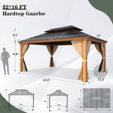 YOLENY 12' x 16' Gazebo, Hardtop Wood-Looking Gazebo with Galvanized Steel Double Roof, Aluminum Frame with Netting and Curtains for Deck, Backyard, Patio, Lawns YOLENY