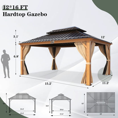 YOLENY 12' x 16' Gazebo, Hardtop Wood-Looking Gazebo with Galvanized Steel Double Roof, Aluminum Frame with Netting and Curtains for Deck, Backyard, Patio, Lawns