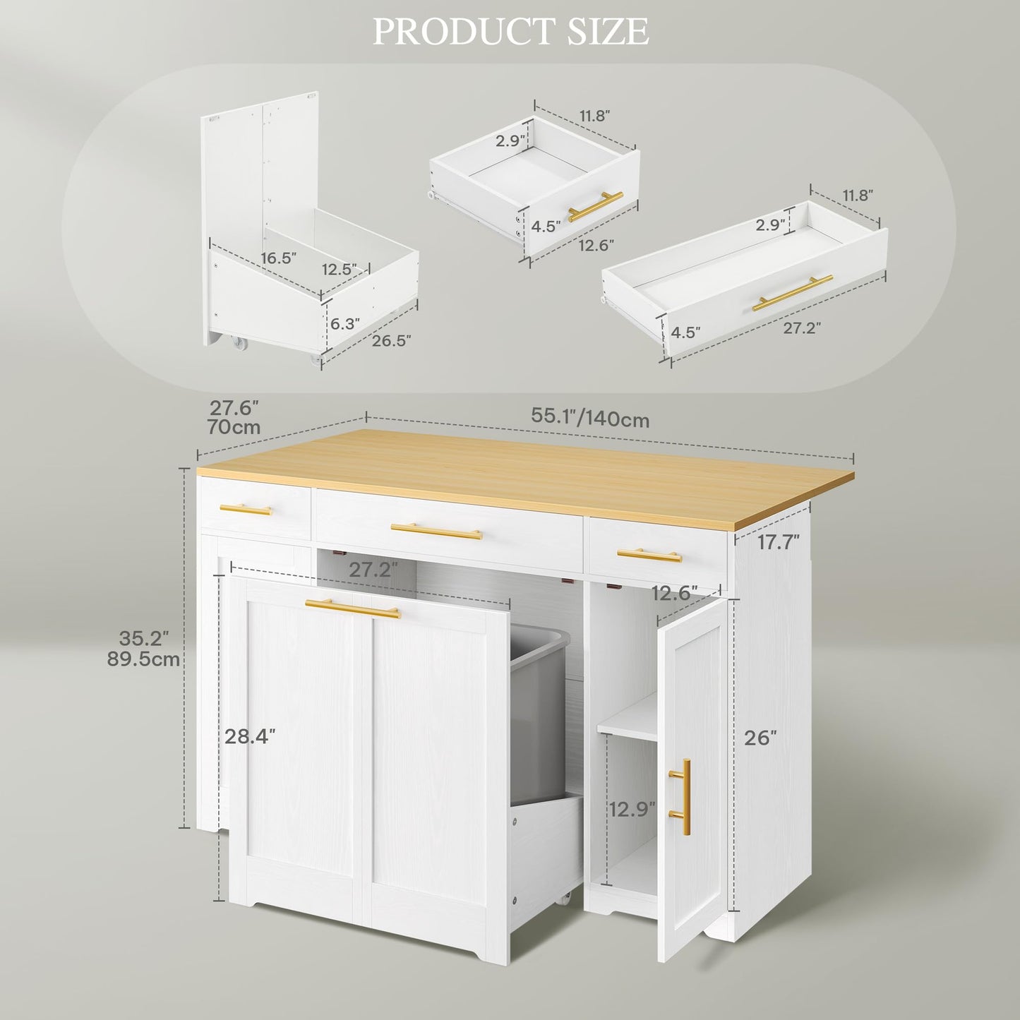 YITAHOME 55 inch Drop Leaf Kitchen Island with Pull Out Trash Can Storage, Modular Rolling Kitchen Cart Fits 2 10-Gallon Garbage Bin, 3 Drawers Mobile Island Table with Trash Cabinet on Wheels, White