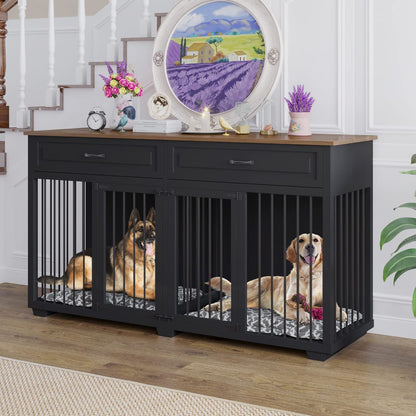 DAWNSPACES Dog Crate Furniture, 72 Inch Heavy Duty Wooden Large Dog Kennel with Drawers & Divider, Indoor Furniture Style Dog Crate with Double Rooms for Large Medium Small Dogs, Black - WoodArtSupply