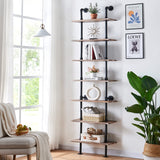 HOMBAZAAR Industrial Pipe Bookshelf,7 Tier Pipe Shelving,Wall Mounted Ladder Shelves with Metal Frame for Home Office,Living Room,Oak Brown HOMBAZAAR