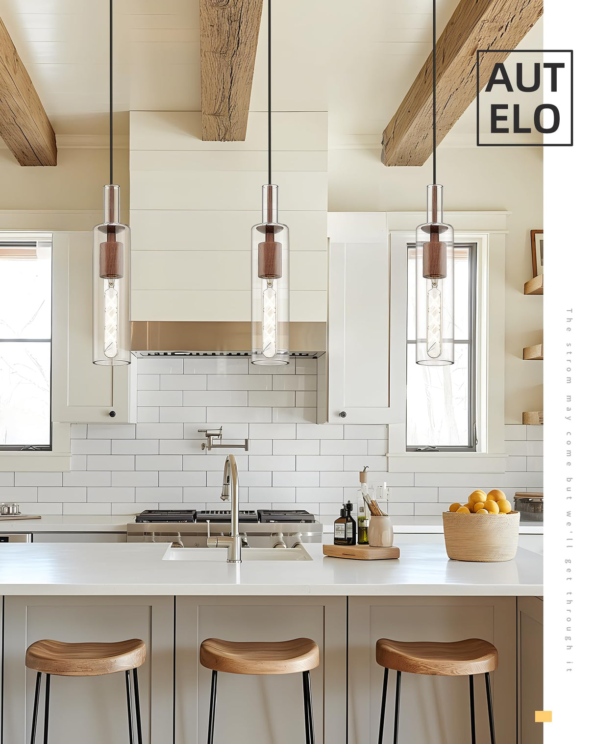 AUTELO Farmhouse Pendant Lights Kitchen Island, 1-Light Pendant Light Fixtures, Dark Wood Grain Hanging Lamp with Clear Cylinder Glass, Pendant Lighting for Kitchen Island, Dining Room, H3875 DW AUTELO