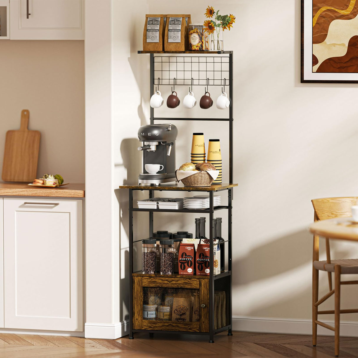 5-Tier Coffee Bar Cabinet with Visual Door, Small Kitchen Microwave Stand with 5 S-Shaped Hooks, 57.87”H Tall Bakers Rack with Storage Cabinet, Small Coffee Bar for Kitchen Living Room- Rustic Brown Hayexiha