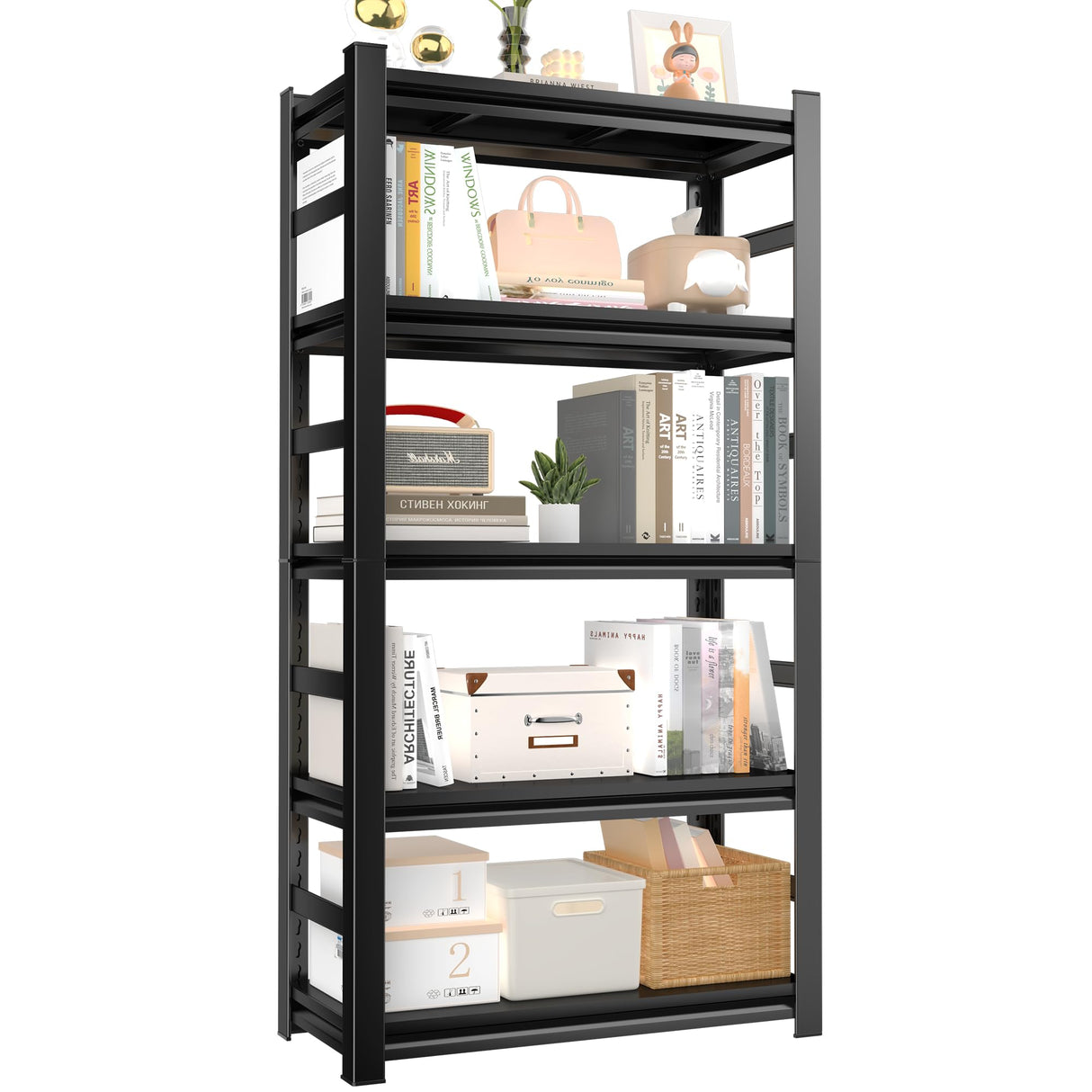 72" H Industrial Bookshelf&Bookcase, 5 Tier Adjustable Tall Book Shelves, Freestanding Modern Display Shelf Units, Metal Open Storage Shelving Organizer for CD/Movie/Book, Space Saving（Black） Metallitrend