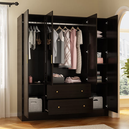 AIEGLE 4 Doors Wardrobe Armoire with Mirror, 63" Wide Large Freestanding Armoire Wardrobe Closet with 2 Drawers, Shelves & 2 Hanging Rods, Bedroom Clothes Storage Cabinet Organizer, Black Bro - WoodArtSupply