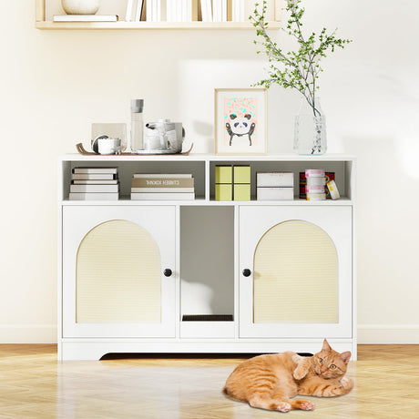 Tangkula Double Litter Box Enclosure, 43 Inch Hidden Litter Box Furniture with Shelves, Removable Scratching Board, 2 Sisal Mats, Large Enclosed Cat Box Enclosure for 2 Cats (White) Tangkula