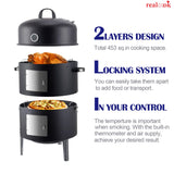 Realcook Vertical 17 Inch Steel Charcoal Smoker, Heavy Duty Round BBQ Grill for Outdoor Cooking, Black Realcook