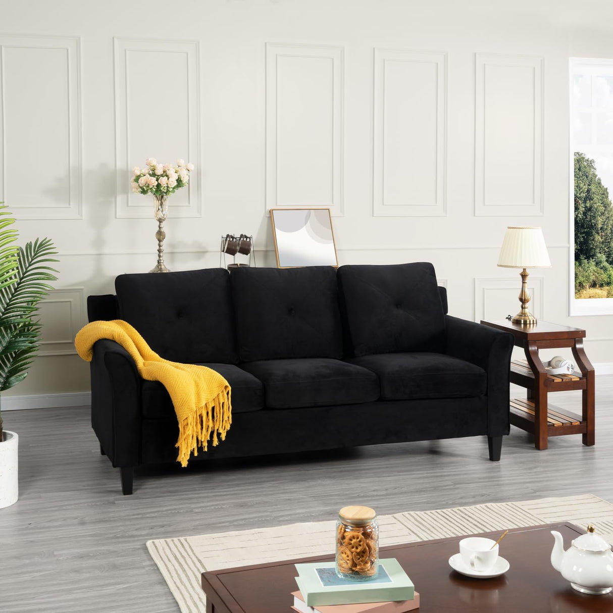Naomi Home Black Button Tufted Sofa & Loveseat Set, Black Modern Microfiber Furniture for Small Spaces, Durable and Sturdy, Tool-Free Assembly, Affordable Living Room Sofa Cama, Stylish and Compact Naomi Home