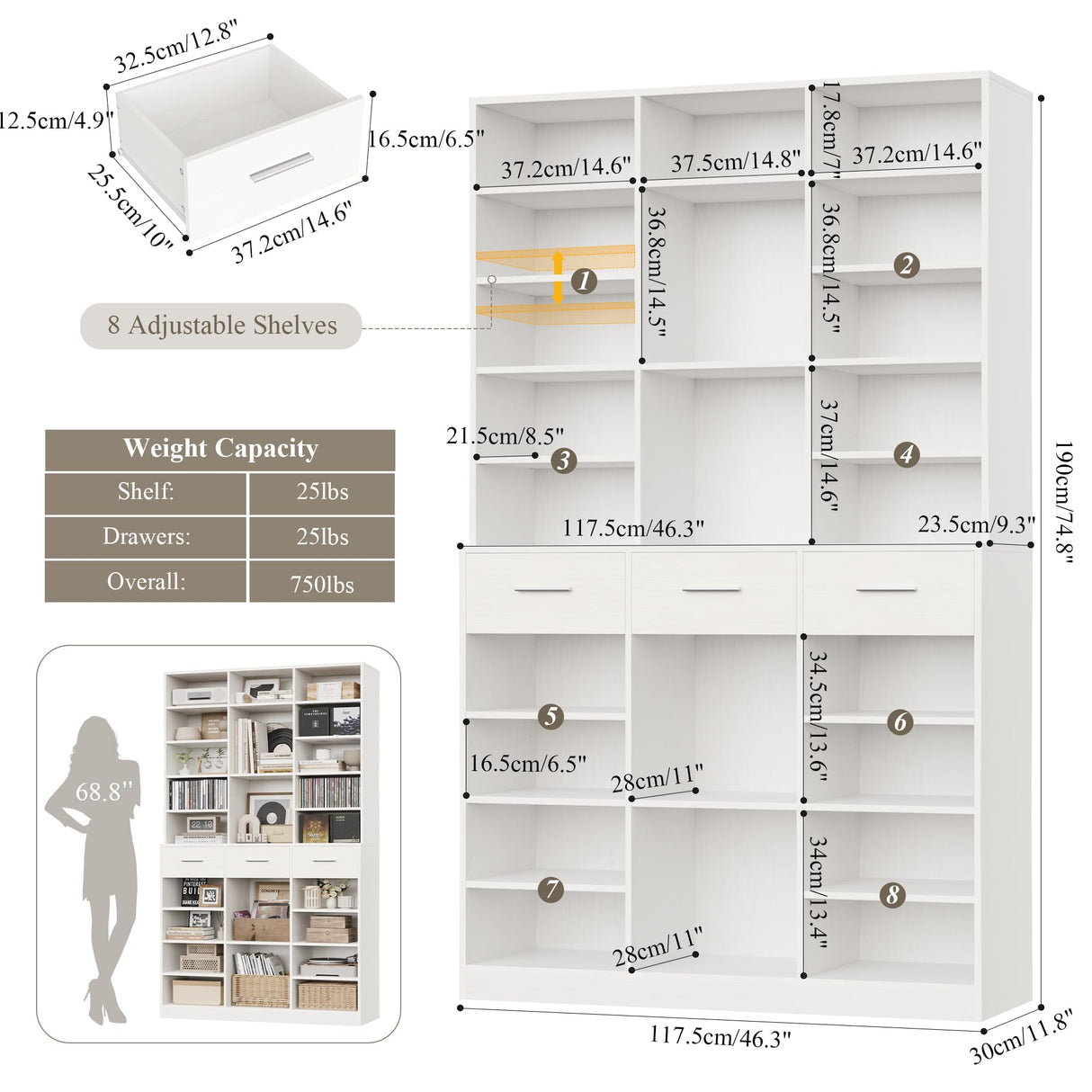 HOSTACK 75" Tall Book Shelf and Bookcase, 47" Wide Bookshelf with Drawers, Modern 9 Tier Bookcase with Storage, Large Wood Display Cabinet with Adjustable Shelves for Living Room, Home Office, White HOSTACK