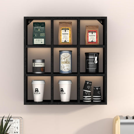 Helsin 9 Grid Vintage Coffee Mug Display Rack, 16inch Wall Mounted Wooden Curio Shadow Box Shelf, Cup Floating Shelves Display and Organizer (Black) Helsin