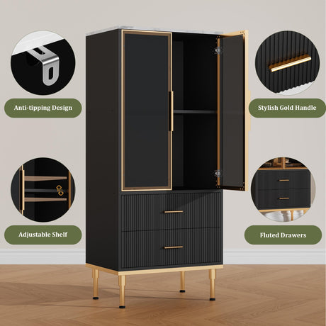 GarveeHome Fluted Storage Cabinet with Glass Door and 2 Drawers, Modern Display Storage Cabinet, Kitchen Pantry with Adjustable Shelves for Collectibles, Living Room, Office - Black GarveeHome