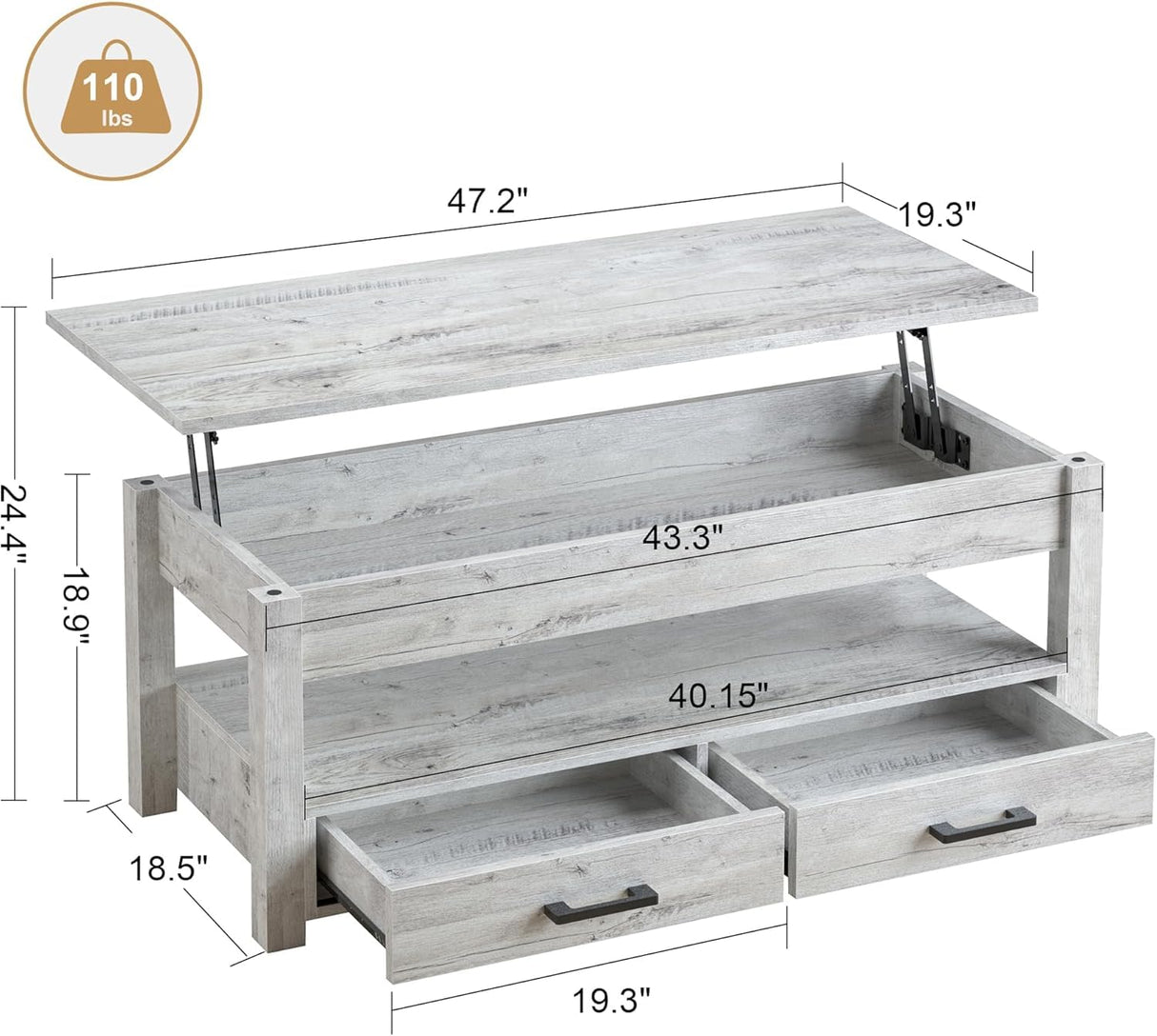 KOUSEI 47.2" Large Lift Top Coffee Table with Storage Drawers & Hidden Compartment, Grey for Living Room KOUSEI