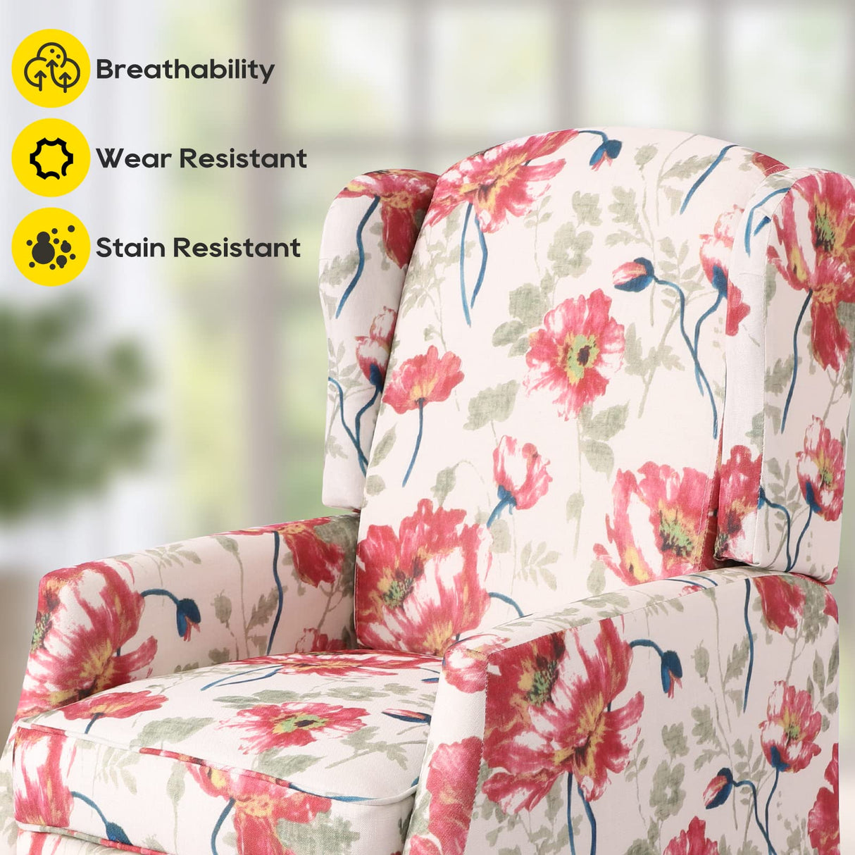 Consofa Upholstered Wingback Recliner Chair, Traditional Push Back Recliner Chair with Padded Seat, Fabric Floral Chair Wingback Recliner with Wooden Legs, Small Recliners for Small Spaces Consofa