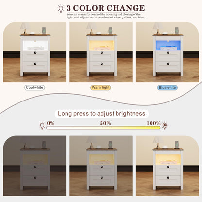 LED Nightstand with Gun Drawer: Bedside Table with Charging Station for Bedroom Furniture – Farmhouse Night Stand with 3 Colors Smart Human Sensor Lights for Living Room End Table, White