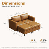 ABCASA Faux Leather Loveseat Sofa Sleeper Bed with Storage Seat, 64.6" Modular Sectional Couch Deep Seat with Reversible Chaise 2-Seat Brown ABCASA