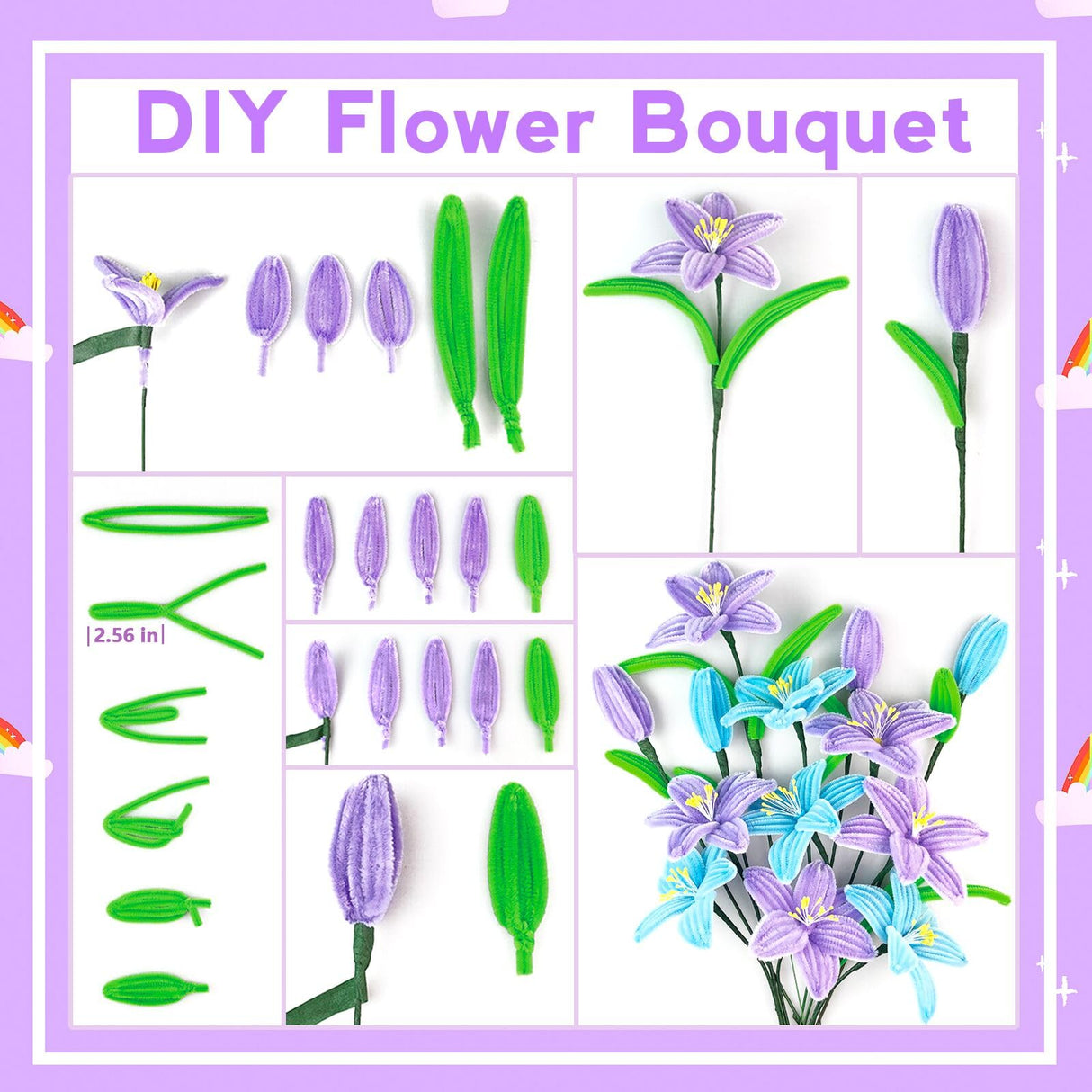 ZEIZHUBN 300 Pieces Pipe Cleaners, Pipe Cleaners Flower Bouquet Kit, Flower Making Kit with Floral Wires Tape, Art and Craft Supplies Projects DIY Decoration Holiday Party Birthday Gifts ZEIZHUBN