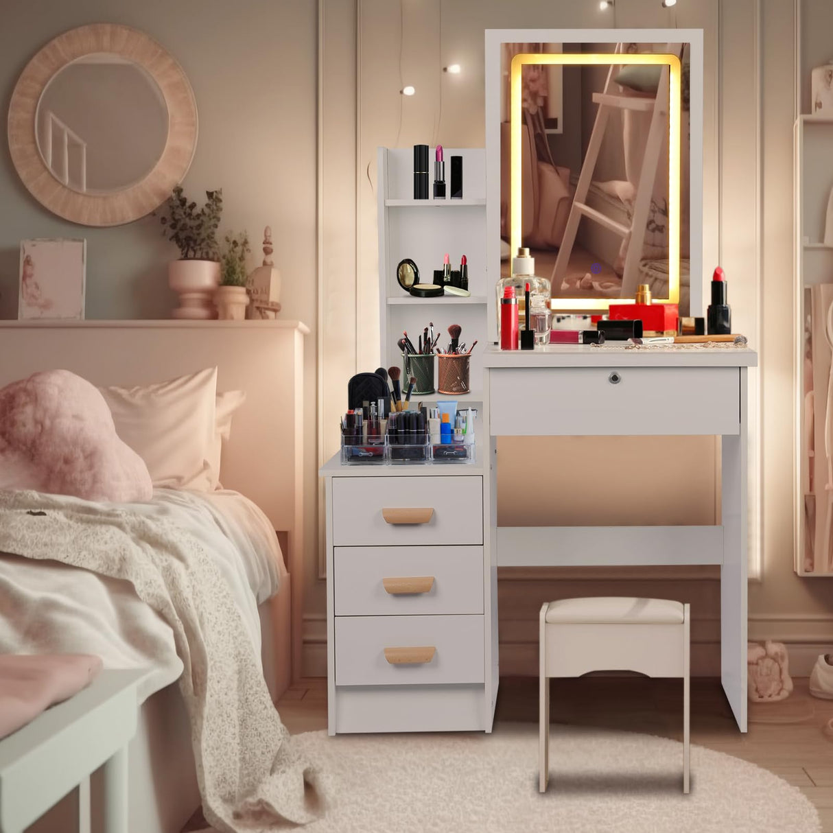 cdar Makeup Vanity Desk with Mirror and Lights, 3 Colour Light Modes Bedroom Dressing Table wih Drawers Shelves Chair Wooden Handles and a Lock Easy cdar