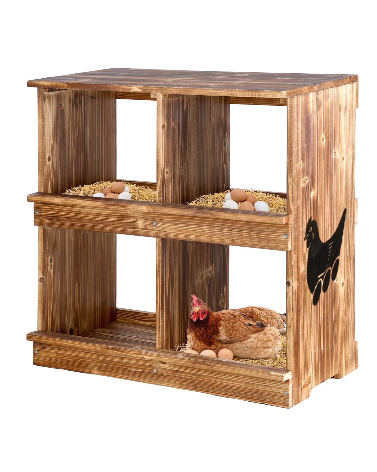 JoneCafe Nesting Boxes for Chickens - Wooden Chicken Nesting Box for Chicken Coop Accessories, Sturdy 4-Compartment Wall Mount Egg Laying Box for Hens, Chickens, and Ducks(Richly Charred) JoneCafe