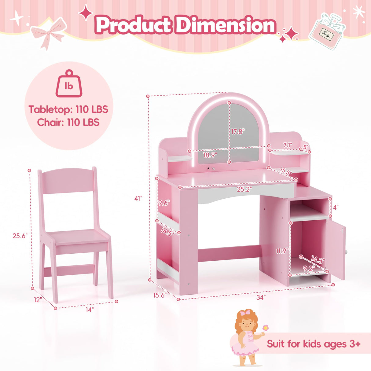 MU Kids Vanity with Lights, Princess Makeup Vanity Desk with Open Bookshelf, Storage Cabinet & Shelves, 2 in 1 Toddler Vanity Table & Chair Set with Lighted Mirror for Little Girls, Pink MU