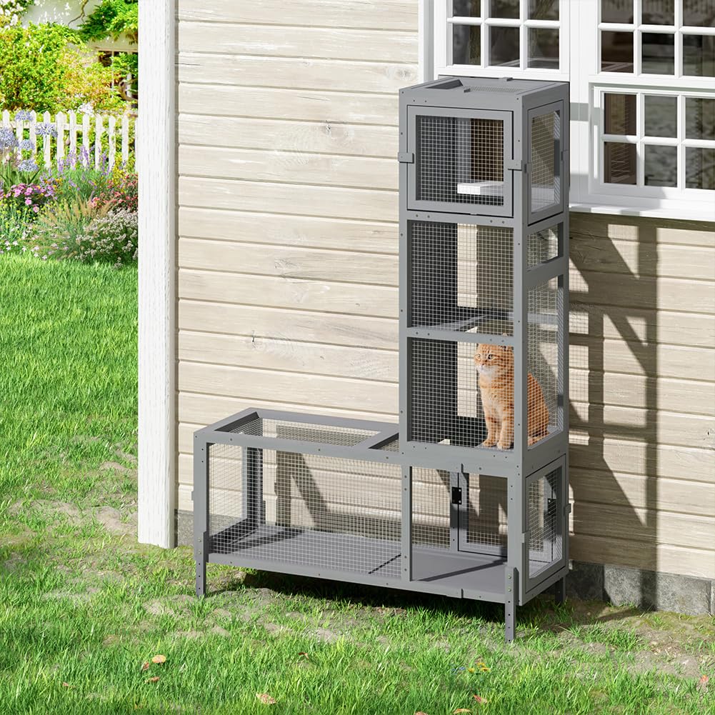 COZIWOW Wooden Cat Play Tunnel with Platforms | Configurable Window Catio | Multi-Combination Extendable Cat Run for Indoor/Outdoor Use | Small Pet Play Enclosure COZIWOW