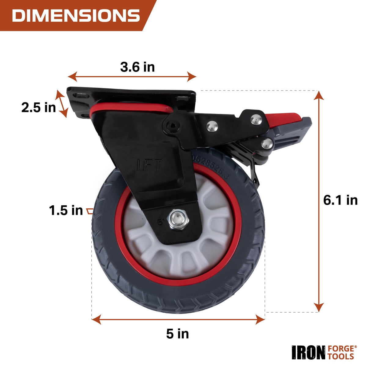 Iron Forge Tools Heavy Duty Swivel Knobby Casters Set of 4, 6" Height, 5" Diameter, Solid PU Knobby Tread Heavy Duty Wheels, Swiveling Bases, Two Casters with Brakes, Two Without, Black & Red Iron Forge Tools