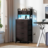 REAHOME 41 Inch Tall Nightstand with Charging Station, LED Night Stand with 6 Fabric Drawers, Bed Side Table with 3-Tier Wood Storage Shelves for Bedroom, Office, Small Spaces, Leather Brown REAHOME