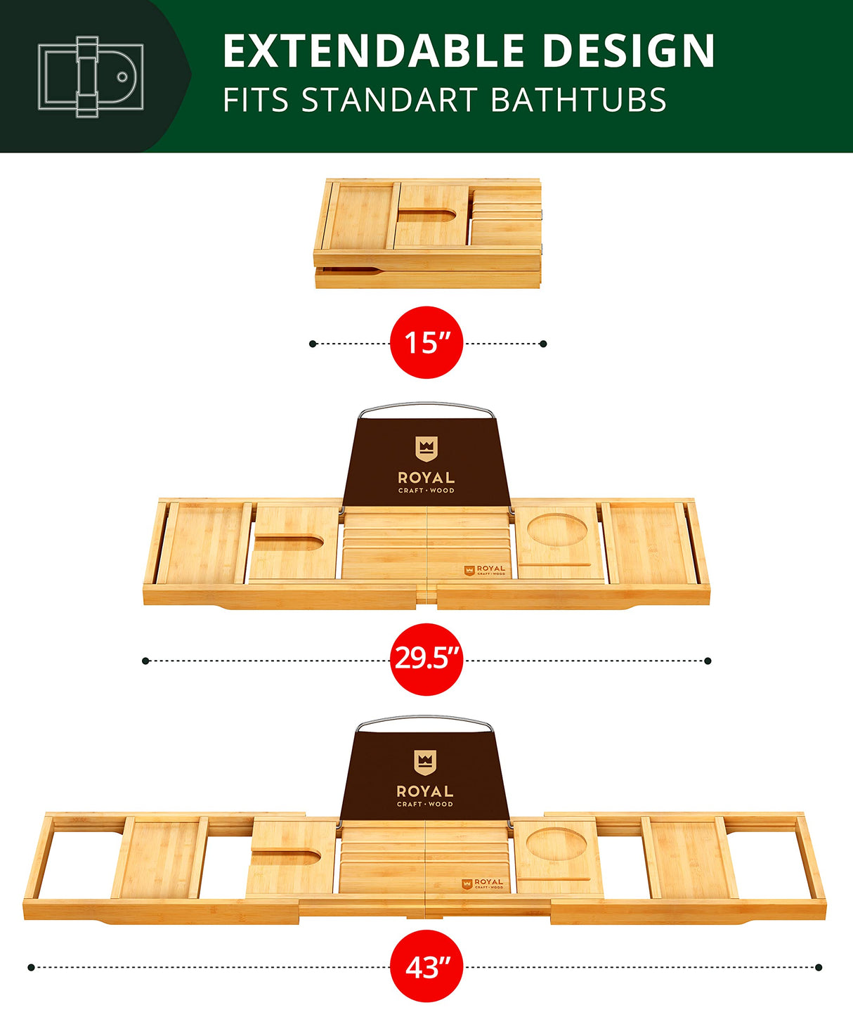 ROYAL CRAFT WOOD Premium Foldable Bathtub Tray - Wood Bath Tray for Tub, Bamboo Shelf, Expandable Bath Table Trays, Bathtub & Bathroom Accessories for New Home & Mothers Day & Birthday Gifts for Mom ROYAL CRAFT WOOD