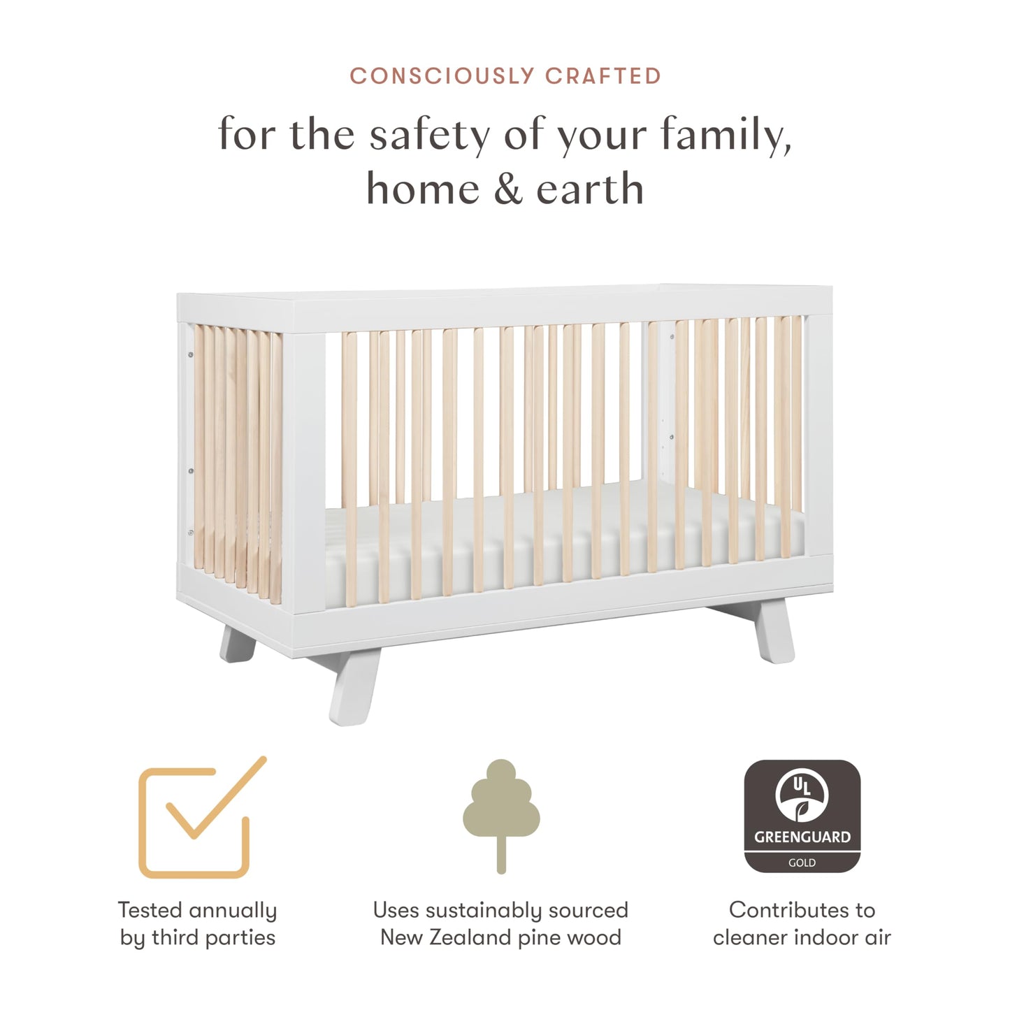 Babyletto Hudson 3-in-1 Convertible Crib with Toddler Bed Conversion Kit in White and Washed Natural, Greenguard Gold Certified