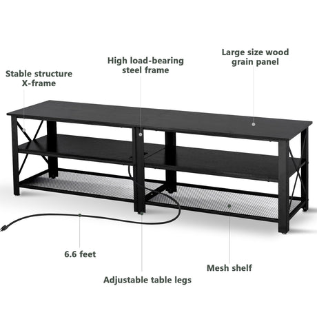 Clikuutory Modern Black 71 inch Metal TV Stand with LED Lights and Power Outlets for 50 60 65 70 75 80 Inch TVs, 3 Tier Television Stands with Entertainment Center and Storage for Living Room, Bedroom Clikuutory