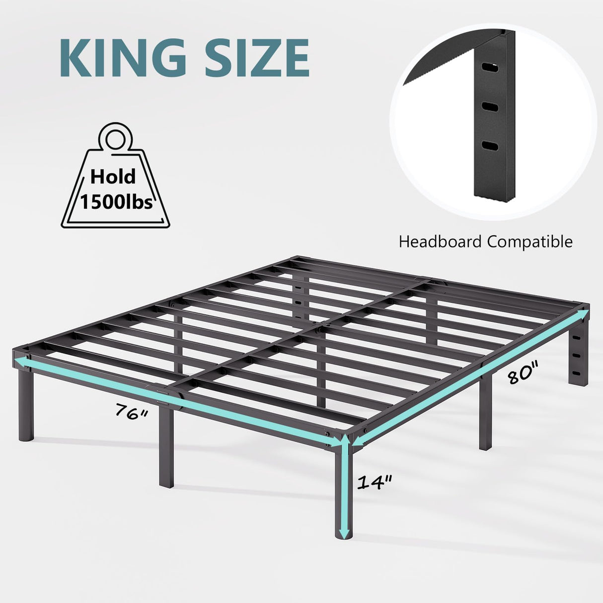 Viisari King Bed Frame 14 Inch Metal Bed Frame King Heavy Duty Platform No Box Spring Needed Easy Assembly Noise Free Black 4005-14B Viisari