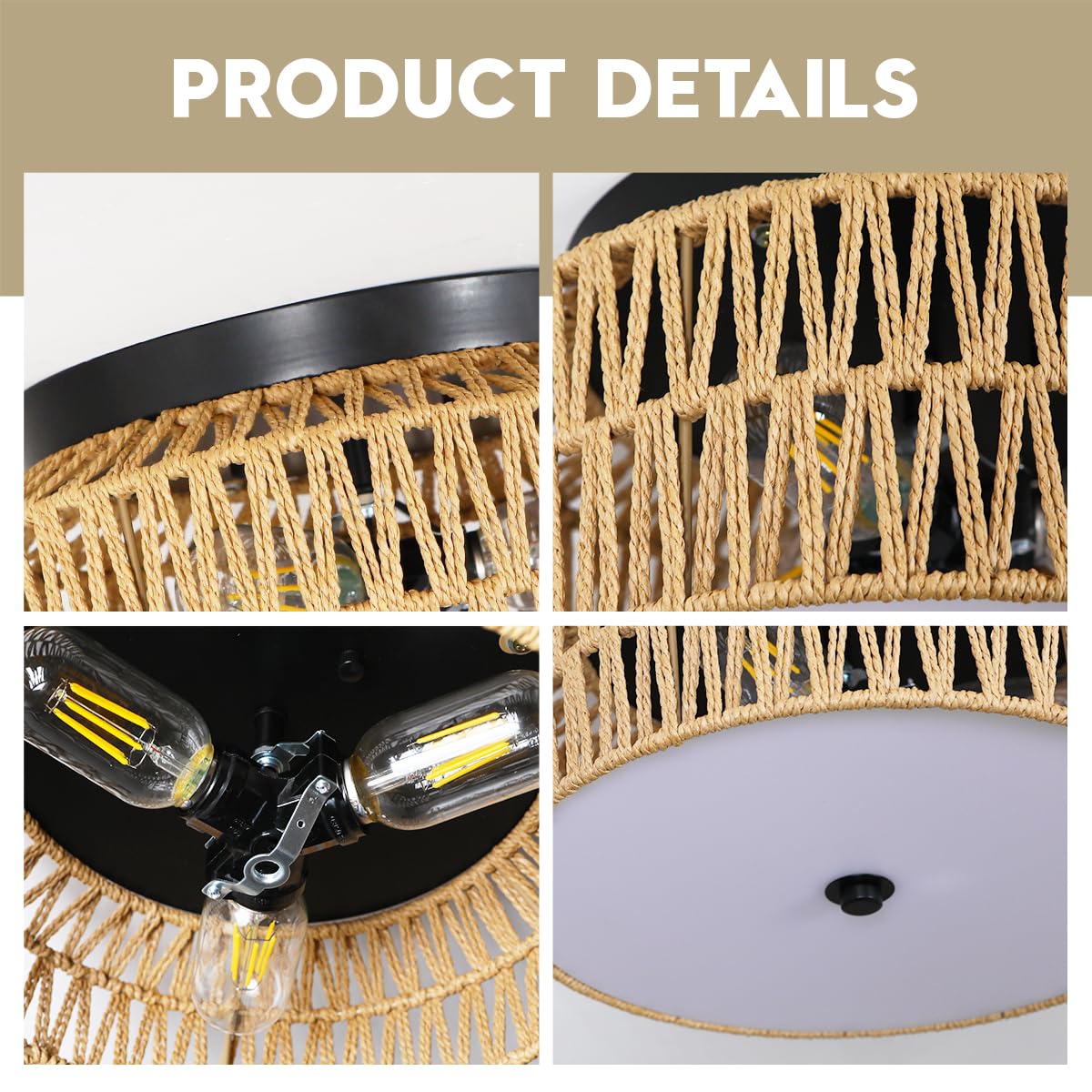 ANQIANYUE Rattan Flush Mount Ceiling Light, Boho Ceiling Light Fixture, 3-Lights Hand Woven Ceiling Light Fixture with PVC Plate for Hallway Bedroom Kitchen Entryway Living Room Foyer - WoodArtSupply