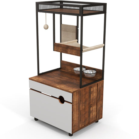 Cat Litter Box Enclosure with Shelve and Cat Scratching Pad, Hidden Litter Box Furniture Cat Cabinet with Cat Feeding Station, 48.4 Inch Wooden Cat Washroom Furniture Indoor Cat House FocusOnHome