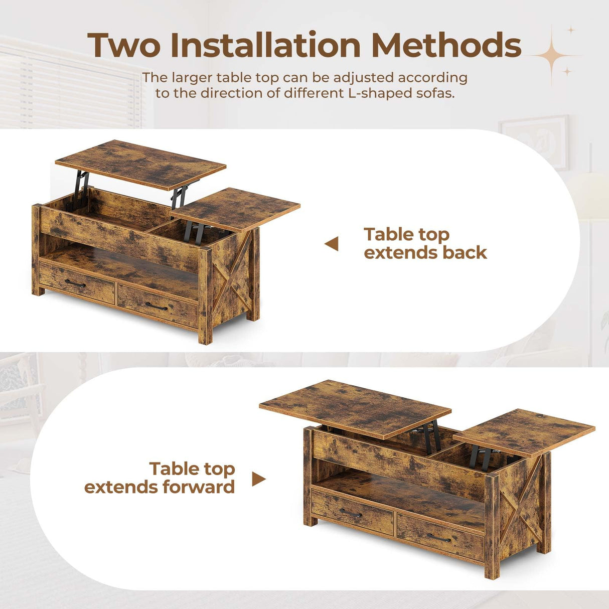 Seventable Coffee Table, 47.2" Lift Top Coffee Table with 2 Storage Drawers and Hidden Compartment, Farmhouse Center Table with Wooden Lift Tabletop, for Living Room,Rustic Brown Seventable