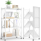 LUCKPRO 4-Tier Folding Metal Storage Rack - 50" Heavy-Duty Steel Frame with Wheels, No Assembly Utility Organizer, Rolling Shelving Unit for Kitchen, Garage, Pantry, Bedroom (White, 4 Tier) LUCKPRO